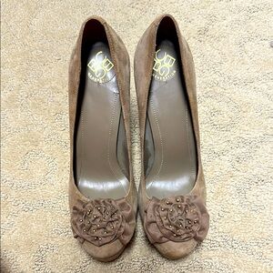 BCBGeneration Taupe Suede Heels with Floral Accent
